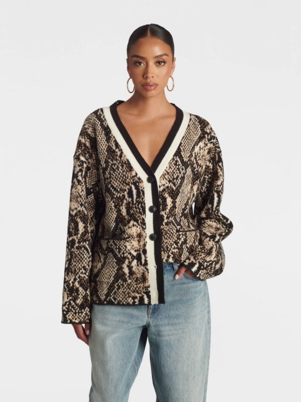 Snake-Print V-Neck Cardigan Sweater in Beige and Black
